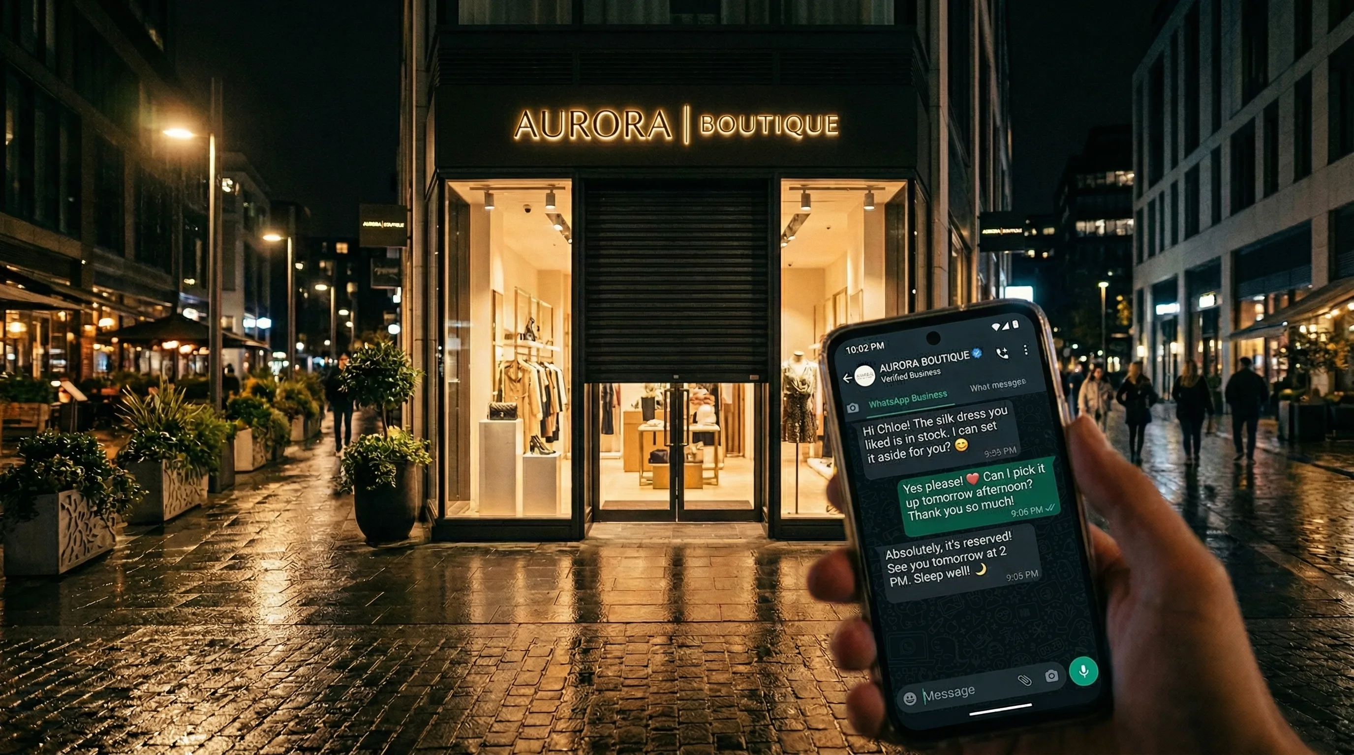 Boutique cerrada de noche con smartphone mostrando WhatsApp
