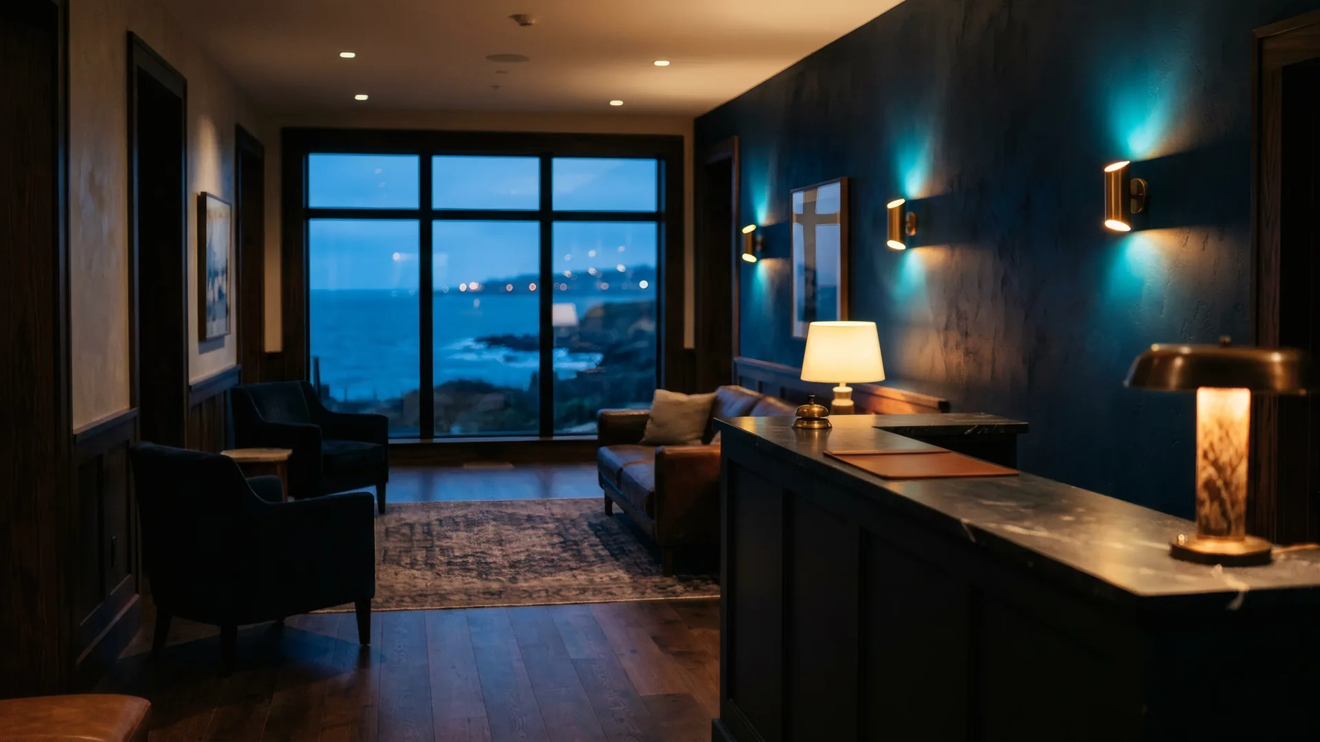 Lobby de hotel boutique con iluminación tenue y vista al mar