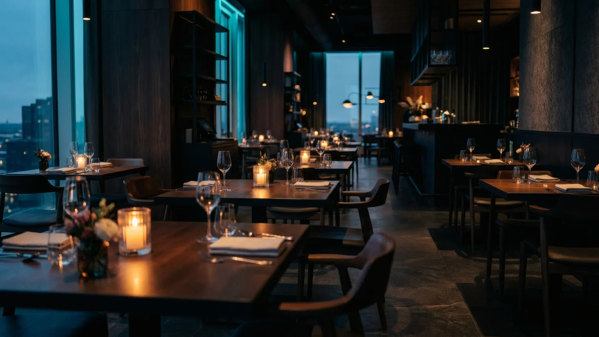 Restaurante moderno con iluminación cálida y ambiente acogedor