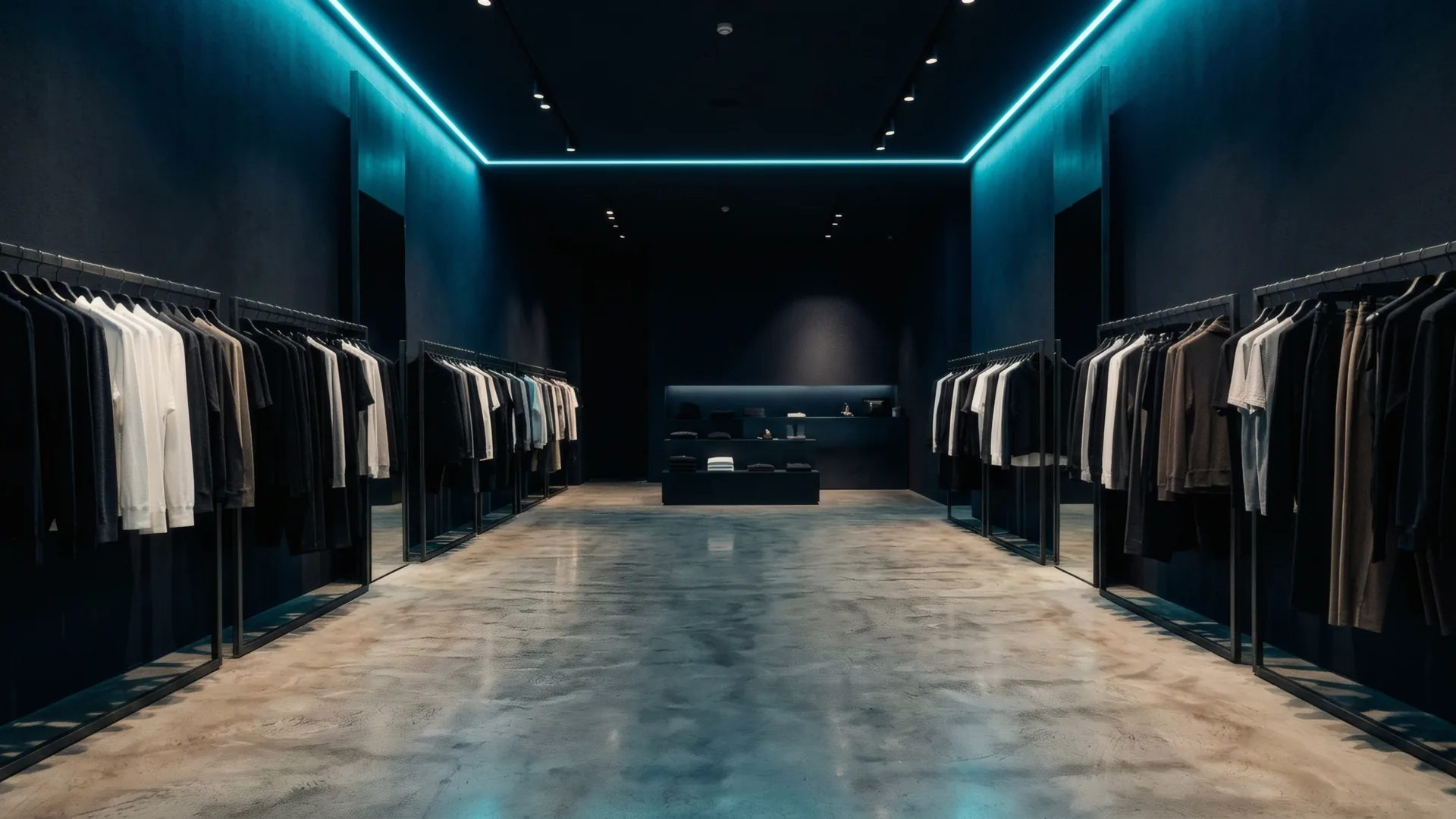 Boutique retail minimalista con estantes organizados y luz natural